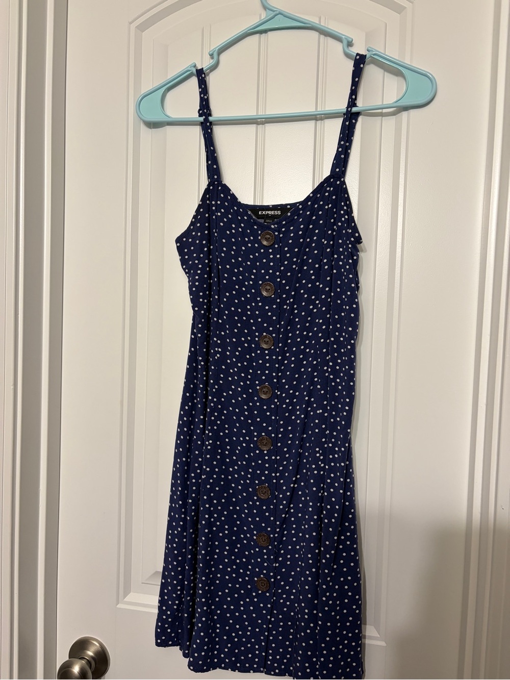 Express Navy and White Polka Dot Sundress with Button Detail